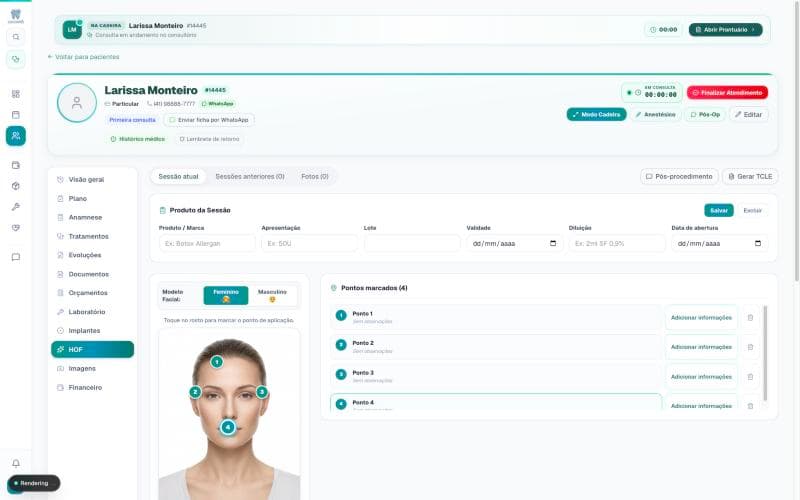 Mapa facial de harmonização orofacial (HOF) do Odontô, com pontos de aplicação marcados