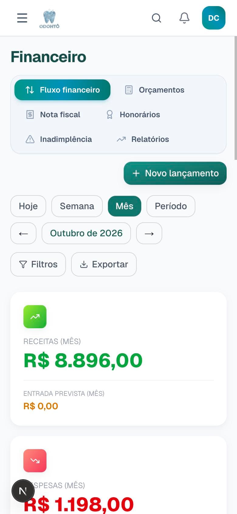 Financeiro do Odontô no celular, com as receitas do mês