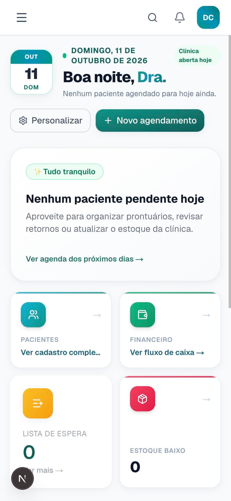 Painel do Odontô no celular, com o resumo do dia da clínica