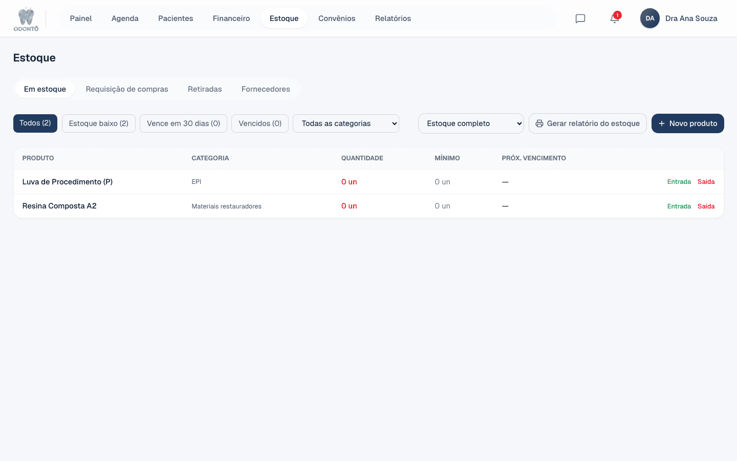 Tela de controle de produtos e estoque no Odontô